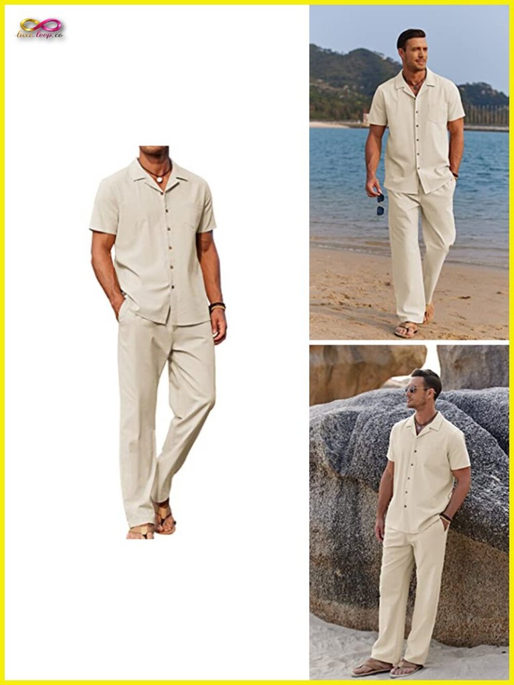 Men's Linen 2 Piece Outfit Button Down Shirt & Loose Pants Set